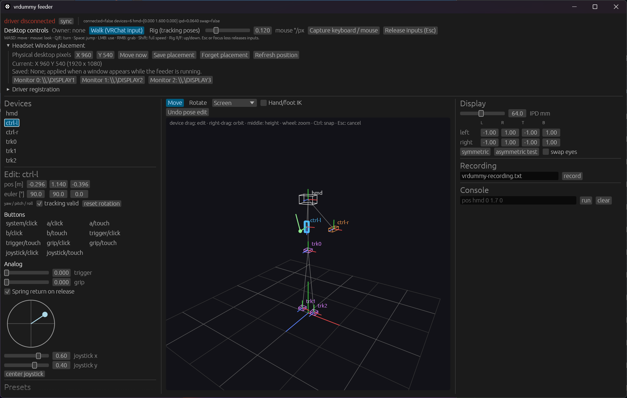 vrdummy feeder の GUI：上部にデスクトップ操作とウィンドウ位置設定，左にデバイスとスティック入力，中央に 3D 姿勢編集，右に表示設定とコンソール